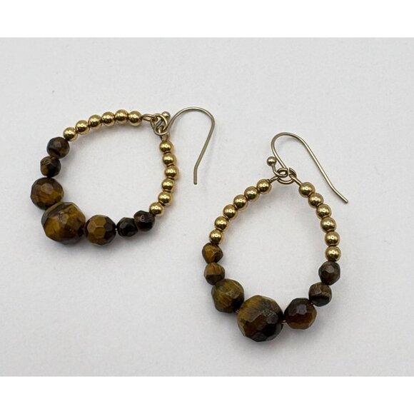 Brown Faux Tiger Eye Beaded Dangle Earrings Retro Teardrop Earth Tones - Picture 6 of 6
